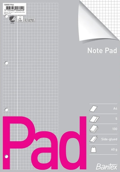 Bllok shënimesh Bantex Standard Pad A4, me katrorë, 100 fletë, i bardhë