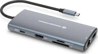 Docking station CONCEPTRONIC DONN06G, 10 me 1, USB 3.2 Gen 1, HDMI, USB-C PD 100W, gri