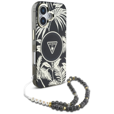 Футрола за телефон Guess Palm Trees Triangle за iPhone 16 6.1", MagSafe, со ремче со монистра, црна