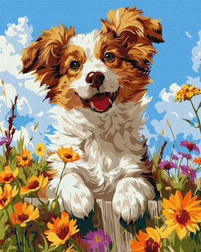 Set pikture Norimpex Paint by Numbers Dog in Flowers, kanavacë me numra, për t’rritur dhe të rinj, shumëngjyrësh