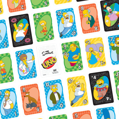 Loja me letra Mattel UNO The Simpsons, për kalamaj dhe të rritur, set për tu mbledh, shumëngjyrëshe