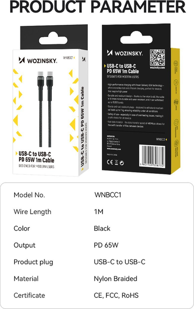 Kabllo USB C Wozinsky WNBCC1, USB C në USB C, PD 65W, 1m, e zezë