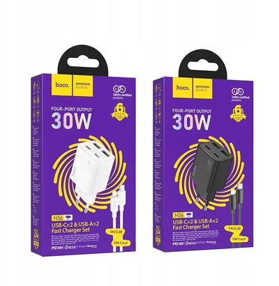 Karikues muri Hoco N56, 30W, 4 porta USB, me kabllo Lightning, i bardhë