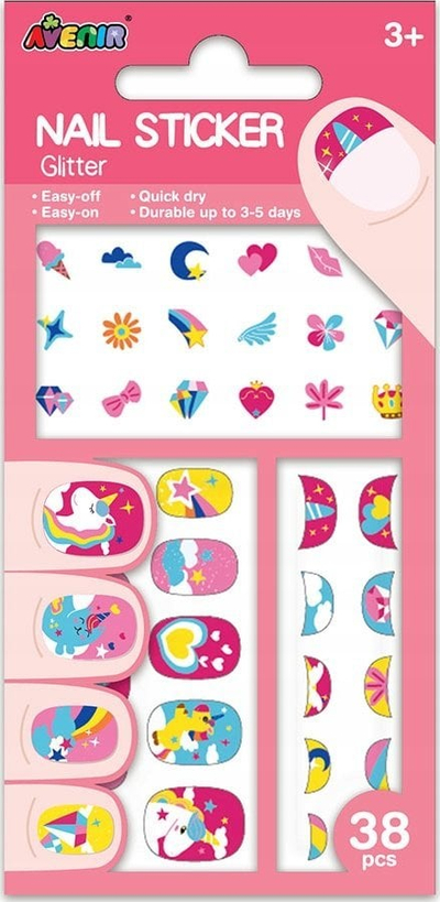 Налепници за нокти Avenir Glitter Unicorn, сет 38 парчиња, повеќебојни