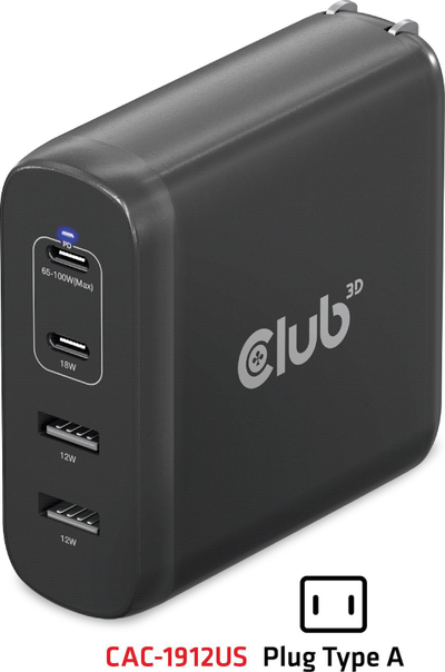Karikues udhëtimi Club 3D CAC-1912, 100W GaN, 2x USB C dhe 2x USB A, i zi