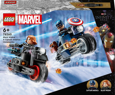Lodër me tulla LEGO Marvel 76260, Black Widow dhe Captain America Motorcycles, për kalamaj 6+ vjeç, shumëngjyrëshe