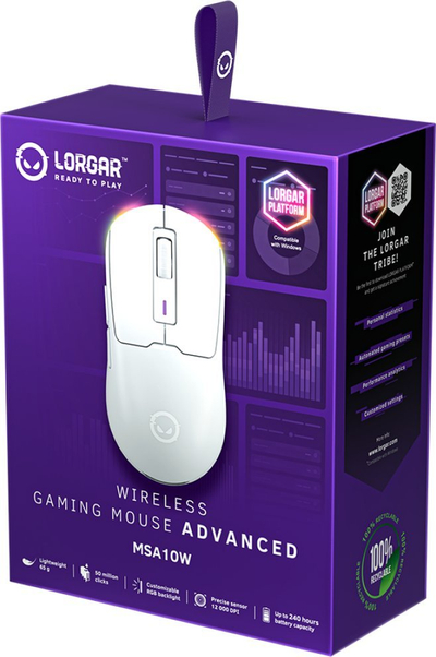 Гејминг глушец Lorgar MSA10W, безжичен, до 12000 DPI, бел