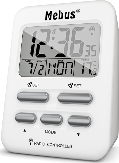 Orë digjitale me alarm Mebus 25800, ekran blu, matje temperature, e bardhë