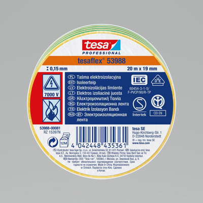 Shirit izolimi elektrik Tesa 53988, PVC, 5000V, 20m x 19mm, jeshile-verdhë