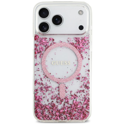 Këllëf telefoni Guess Resin Bottom Glitter MagSafe, iPhone 17 Pro Max, rozë i tejdukshëm