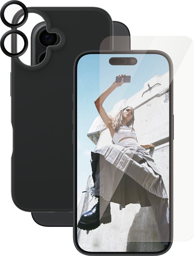 Set mbrojtës CARE by PanzerGlass 3‑në‑1, për iPhone 16, xham + kuti + mbrojtës kamere, i zi