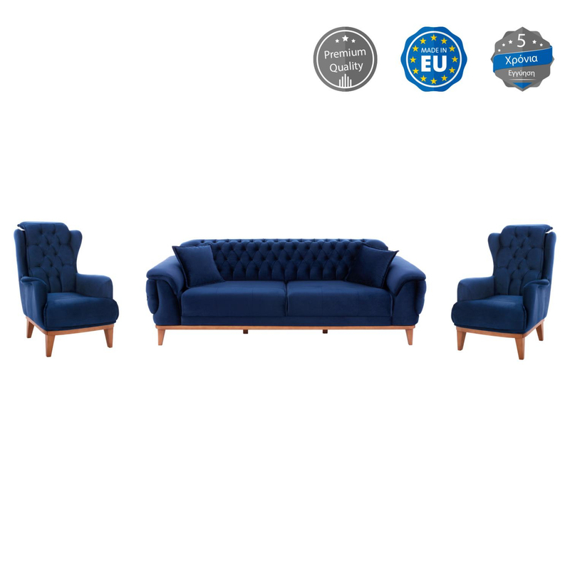 Set dhomë ndenjeje BENNINGTON, 3 pjesë, kadife HM11746.18, kaltër