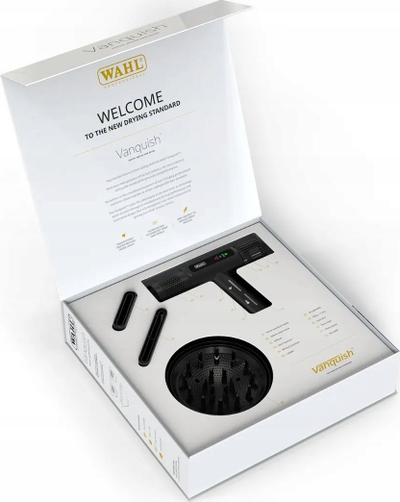 Фен за коса Wahl Vanquish, професионален, јонизирачки, со дифузер, црн
