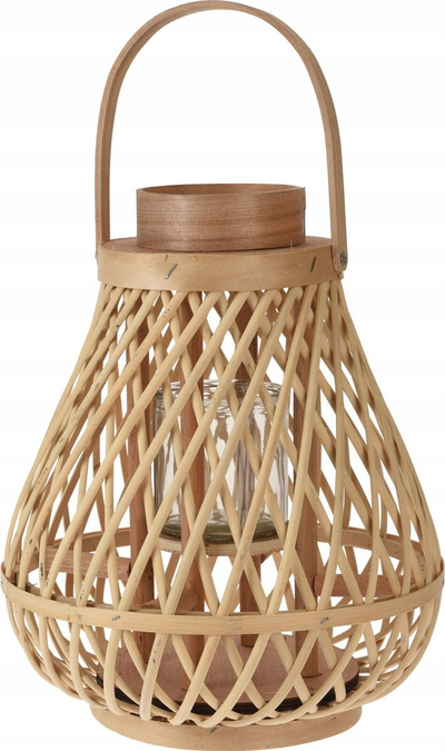 Fener dekorativ Rattan Glass Lantern, 25x30cm, për qiri, dru natyral