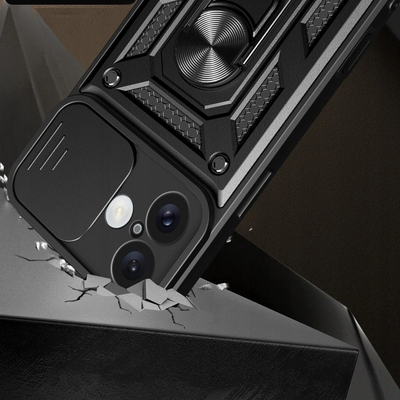 Këse mbrojtëse Hybrid Armor Camshield për iPhone 16, me kapak kamere, me stand, e zezë