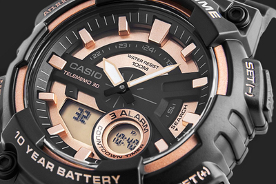 Orë dore Casio AEQ-110W-1A3VDF, analoge-digitale, quartz, 10 ATM, e zezë me rose gold