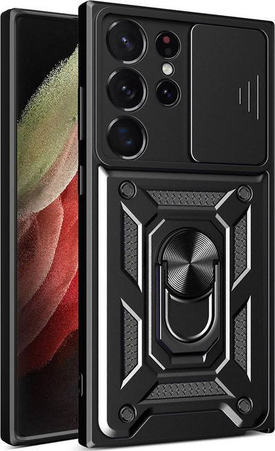 Maskë mbrojtëse Hybrid Armor për Samsung Galaxy S23 Ultra, me kapak kamere, me unazë magnetike, e zezë