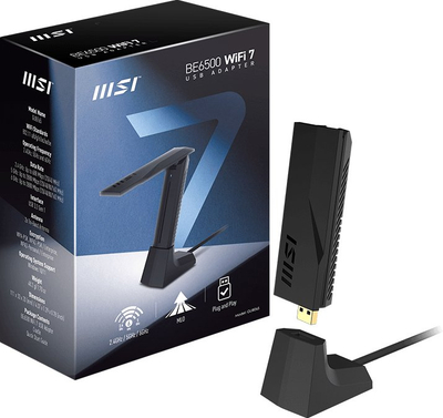 WiFi адаптер MSI BE6500, USB 3.2 Gen 1, WiFi 7, црн