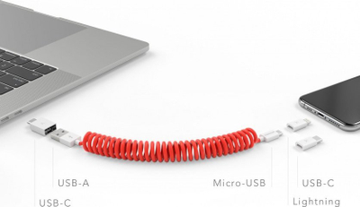 Кабел за полнење Vonmählen allroundo, 50 cm, USB-A во Micro-USB со адаптери USB-C Lightning, црвен