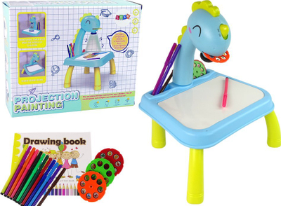 Tavolinë vizatimi me projektor Leantoys Dinoz, set me disqe dhe lapsa, blu e verdhë