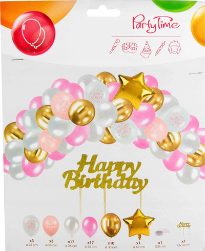 Set dekorimi ditëlindjeje PartyTime LUX, 53 elemente, balona dhe dekor “Happy Birthday”, rozë e artë