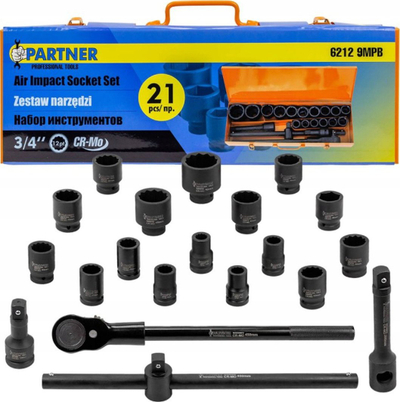 Set çelësash goditës Partner 3/4", 21 copë, 17-50mm, i zi