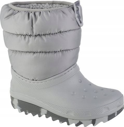 Çizme bore fëmijësh Crocs Classic Neo Puff Boot Jr 207684-007, slip-on, me shputë antirrëshqitëse, gri