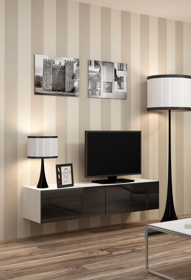 Komodë TV Cama Meble Vigo 140, 140 cm, me dyer, e bardhë e zezë me shkëlqim