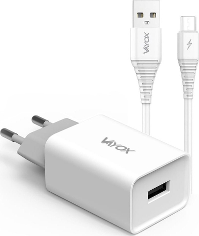 Karikues muri Vayox VA0051, 5V 2.1A, me kabllo Micro USB 1m, i bardhë
