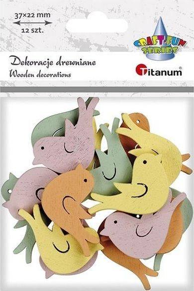 Дрвени украси Titanum Craft Fun, птици пастел, 3.7 x 2.2 cm, 12 парчиња
