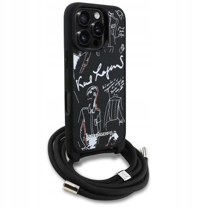 Kapak telefoni Karl Lagerfeld Crossbody, për iPhone 16 Pro Max, lëkurë Saffiano, i zi