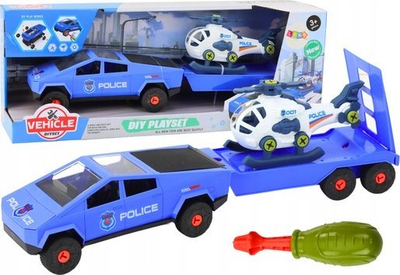 Set lodër policie makine me helikopter, DIY, me rimorkio, blu