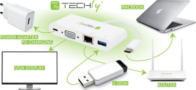 Dok USB-C Techly IADAP USB31 DOCK2 me VGA dhe Gigabit Ethernet, gri