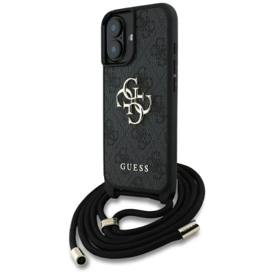 Маска за телефон Guess 4G Big Logo Cord Strap Crossbody за iPhone 16, со ремен за на рамо, црна