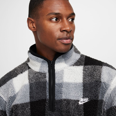 Bluzë fleece për burra Nike Club SSNL WNTRZD AOP HZ, gjysmë zinxhir, me kuadrate, bardh e zi gri