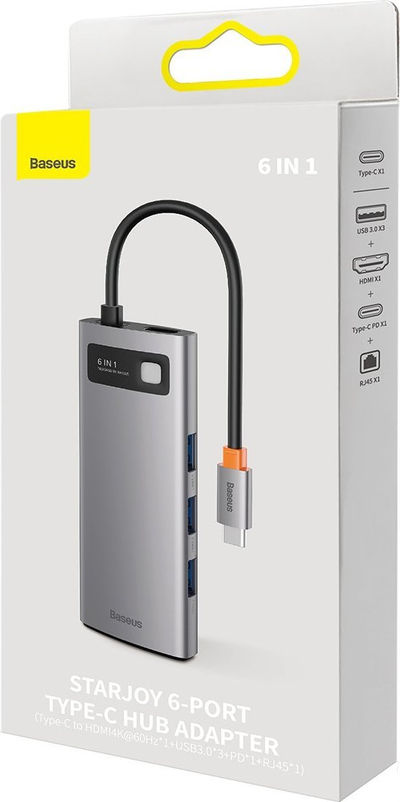 HUB USB-C Baseus 6 në 1, HDMI, RJ45, gri metalik