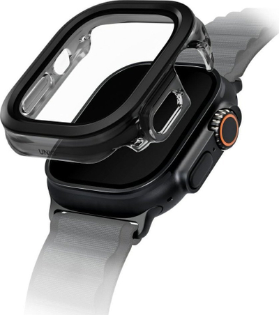 Mbrojtëse Uniq Voute për Apple Watch Ultra 49mm, xham i fortifikuar, kornizë plastike, e zezë