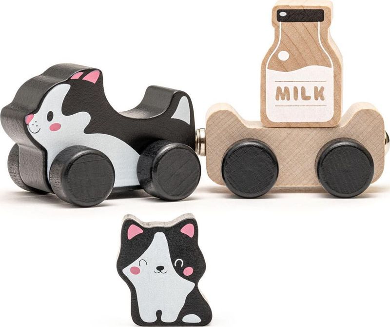 Lodër tren druri Cubika Kittens, me magnet, për fëmijë 18m+