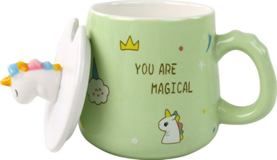 Filxhan qeramik Green Unicorn, me kapak dhe lugë, 350ml, jeshil i hapur