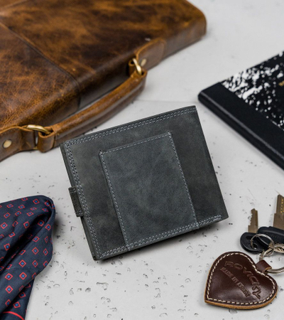 Паричник за мажи Always Wild Leather Collection, нубук кожа, RFID Protect, темно сив