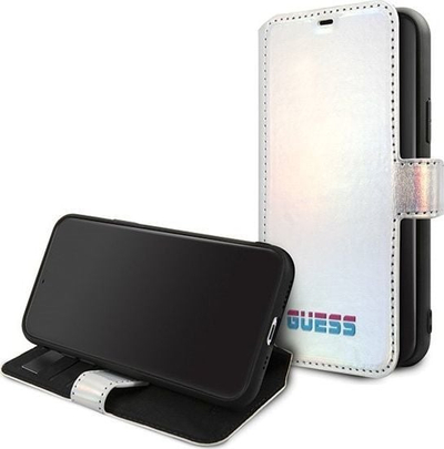 Mbulesë portofol Guess PU Leather për iPhone 11 Pro, me xhepa kartash, argjendtë iridescent