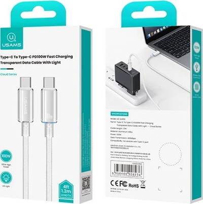 Kabllo karikimi USAMS Cloud Series US-SJ660, Type-C në Type-C, 100W PD, 1.2m, e bardhë