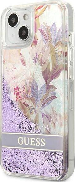 Mbulesë telefoni Guess Flower Liquid Glitter për iPhone 13 mini 5.4", TPU, e fortë, vjollcë
