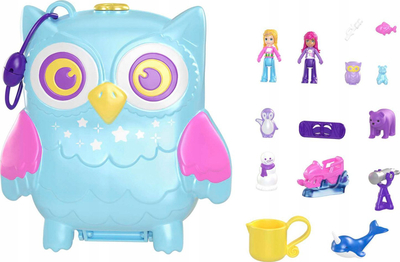 Set lodrash Polly Pocket Pajama Party Snowy Sleepover Owl Compact HKV37, me figurina dhe lojë me ujë, shumëngjyrësh