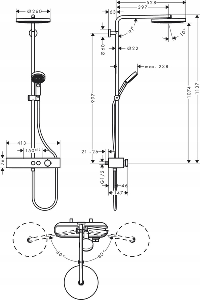 Set dushi Hansgrohe Pulsify 260 Showerpipe, me termostat, 260mm, krom