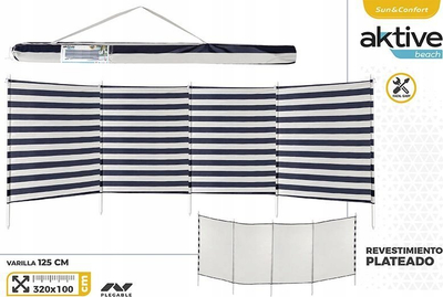 Paravan plazhi Aktive Beach, 4 panele, 3.2m, blu me vija të bardha