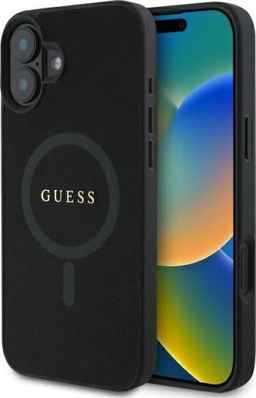 Kapak telefoni Guess GUHMP16SPSAHMCK Saffiano, për iPhone 16 6.1", MagSafe, i zi