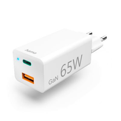 Karikues i shpejtë Hama, GaN, 1x USB-C PD, 1x USB-A QC, mini karikues, 65 W, i bardhë