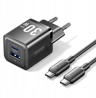 Полнач GaN Vention 2 порти USB C и USB A, 30W, со кабел USB C 1m, црн