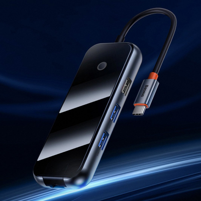 HUB USB Baseus Metal Gleam, USB C në 4x USB 3.0, 5Gbps, gri e errët